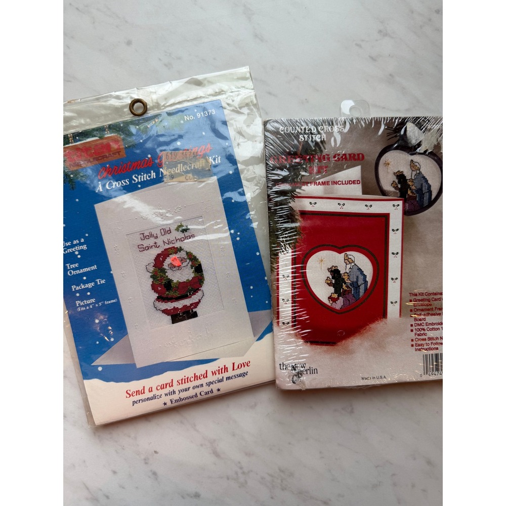 VTG Christmas Cross Stitch Mini Kit Nativity Santa Card Ornament Lot of 2 READ